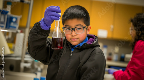 Child in Science Laboratory Holding Flask
