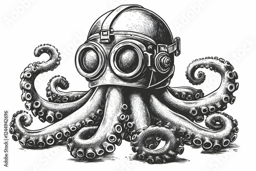 Octopus Wears a Diving Helmet: A Detailed Illustration of a Curious Cephalopod Exploring Underwater photo