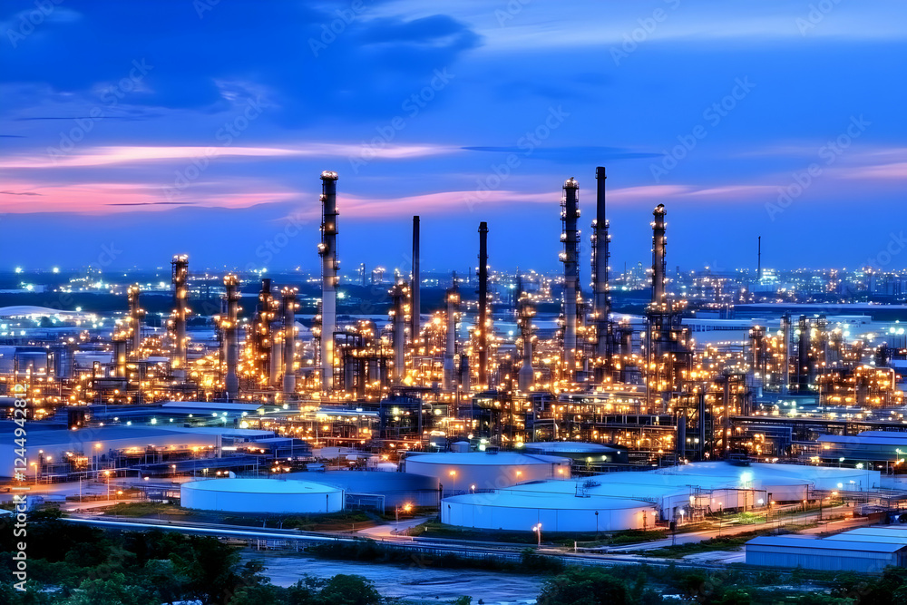 Obraz premium Oil Refinery Plant Illuminates the Night Sky with Industrial Grandeur and Efficiency at Dusk