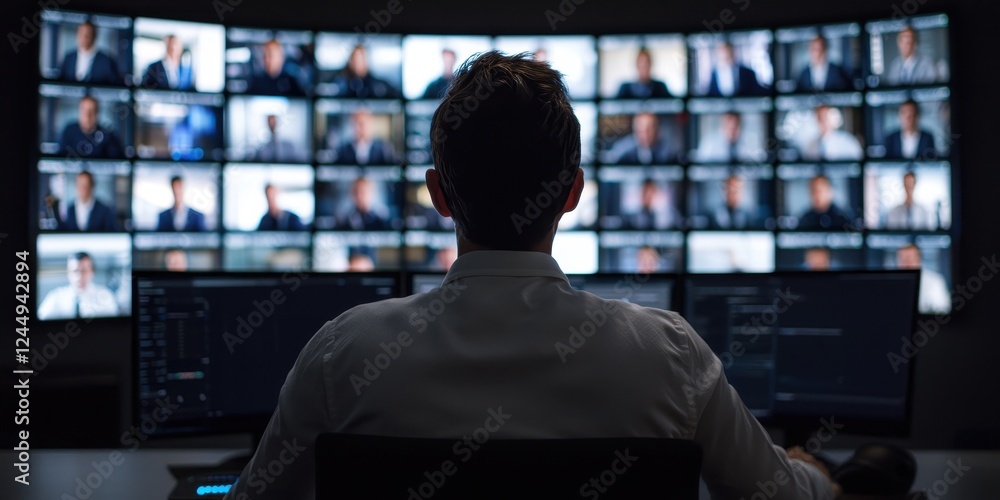 Person Analyzing Multiple Screens in Control Room Person Analyzing Multiple Screens in Control Room