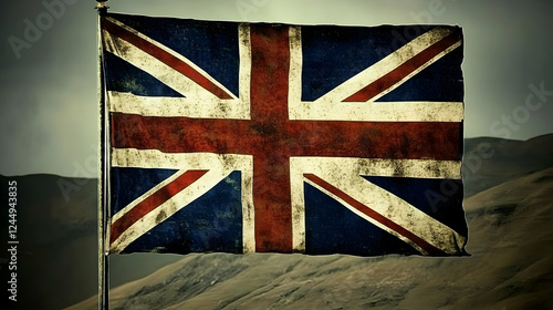 Faded Union Jack Flag Flies Proudly Against a Gloomy Desert Sky Landscape photo