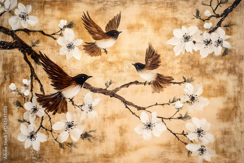 Three Birds Fly and Perch A...