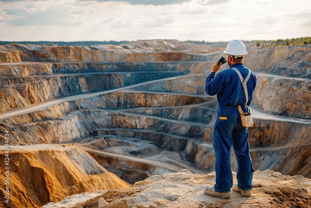 Mine Worker Surveys Expansive Open Pit Quarry Landscape Mine Worker Surveys Expansive Open Pit Quarry Landscape
