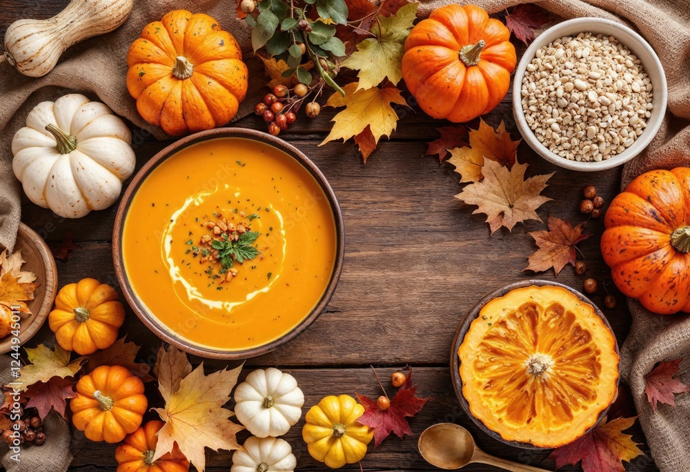 top view thanksgiving day with pumpkin soup top view thanksgiving day with pumpkin soup