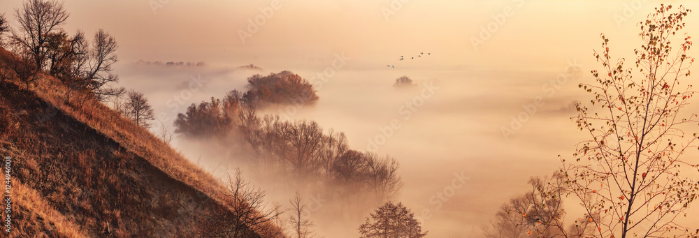 Autumn landscape, background - the morning fog over the river valley, horizontal panorama, banner