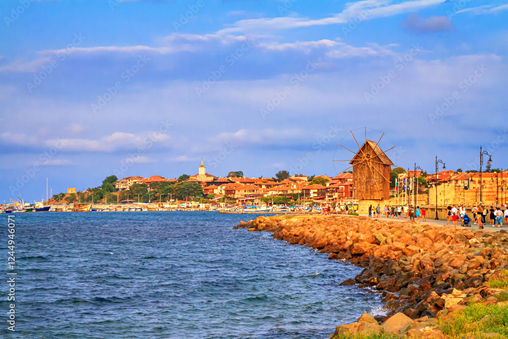 Seaside landscape - view of the Old Town of Nessebar in the rays of the sun, on the Black Sea coast of Bulgaria