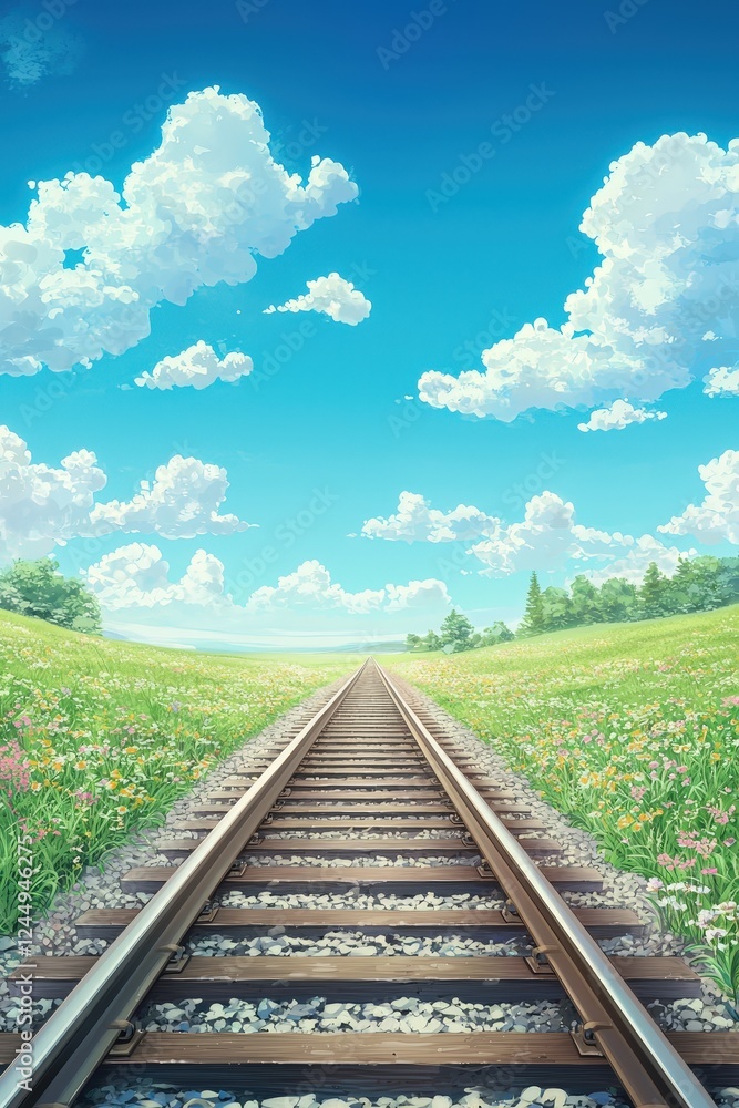 Fototapeta premium Tranquil Railway Path Through Lush Meadow Landscape