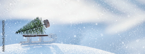 Obraz na płótnie Christmas winter background, banner - view of a decorative Christmas tree with a sled on a snowdrift in a winter forest, copy space for text w salonie