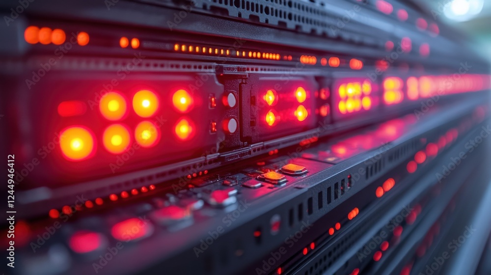Close-up of illuminated server racks showcasing vibrant red lights in a data center environment Close-up of illuminated server racks showcasing vibrant red lights in a data center environment