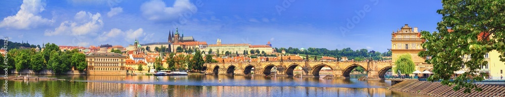 City summer landscape, banner - view of the Charles Bridge and castle complex Prague Castle in the historical center of Prague, Czech Republic