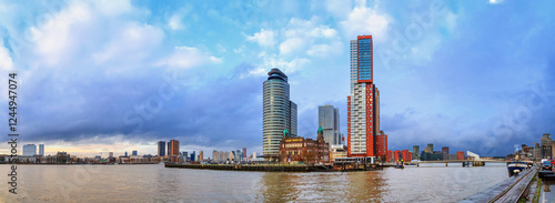 Obraz na płótnie City Landscape, panorama, banner - view on Tower blocks in the Kop van Zuid neighbourhood of Rotterdam, The Netherlands w salonie