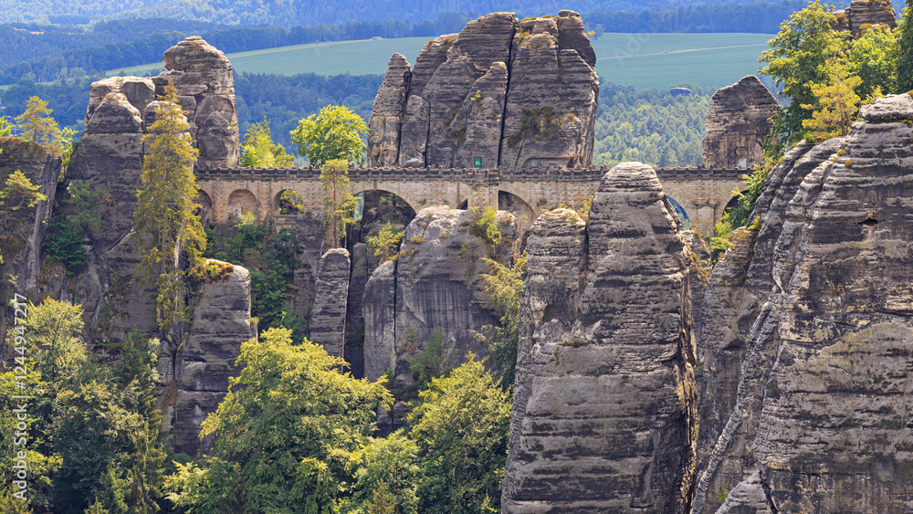 Beautiful landscape - view of the Bastei rock formations with the Bastei Bridge in the Elbe Sandstone Mountains, in Saxony, Germany