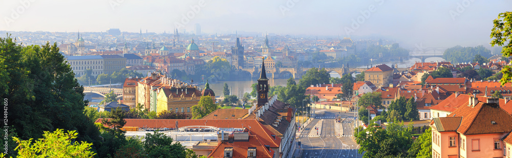 Cityscape, panorama, banner - top view of the historical center of Prague near the Charles Bridge, Czech Republic