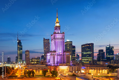 Obraz na płótnie Evening cityscape with city lights - view of the Warsaw downtown and The Palace of Culture and Science. Warsaw. Poland w salonie