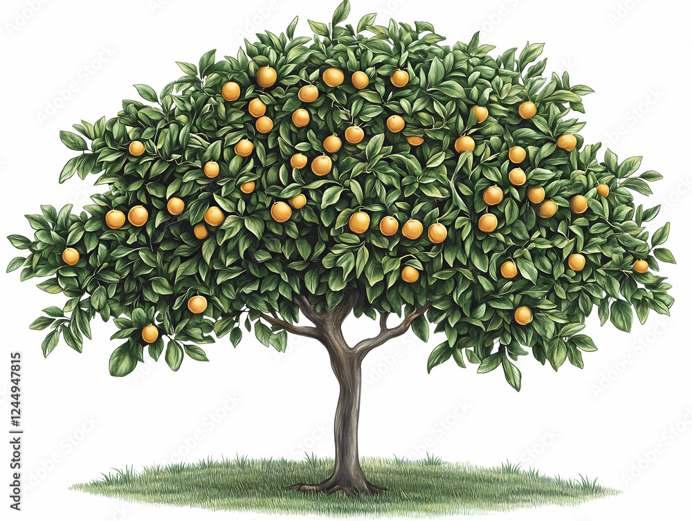 Lush Orange Tree Bursting with Ripe Fruit Stands Majestically in a Grassy Meadow Lush Orange Tree Bursting with Ripe Fruit Stands Majestically in a Grassy Meadow