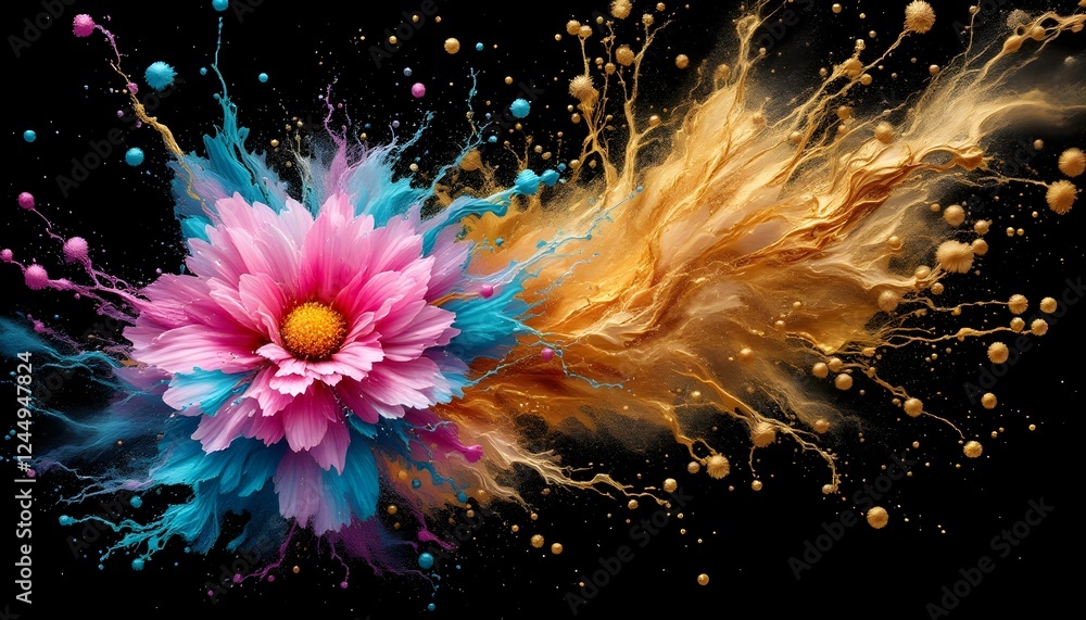 Fototapeta premium Acrylic random colors in water, showcasing a burst of pink, teal, and gold, with ink blot formations that resemble flowers. The abstract black background provides a striking contrast, making the color