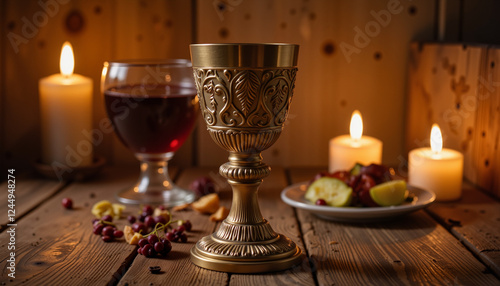 Wallpaper Mural Elegant gold chalice with wine and fruit on wooden table Torontodigital.ca