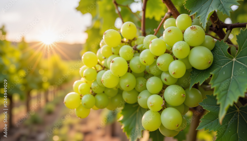 Bunch of green grapes growing in vineyard at sunset Bunch of green grapes growing in vineyard at sunset