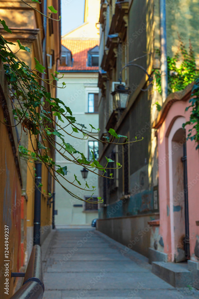 Cityscape - view of narrow streets with old houses in the Old Town of Warsaw, Poland