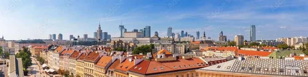 Cityscape, panorama, banner - top view of the district of Srodmiescie in the center Warsaw, Poland