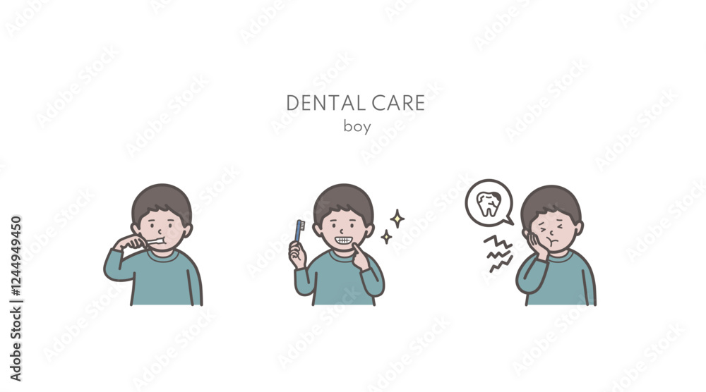 歯磨き、歯のケアをする男の子のイラストセット 歯磨き、歯のケアをする男の子のイラストセット