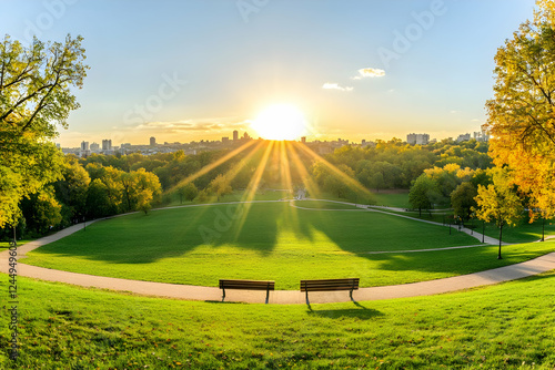 Sunset illuminates a lush g...