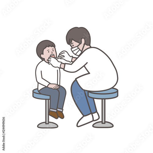 歯科検診を受ける男の子の全身イラスト