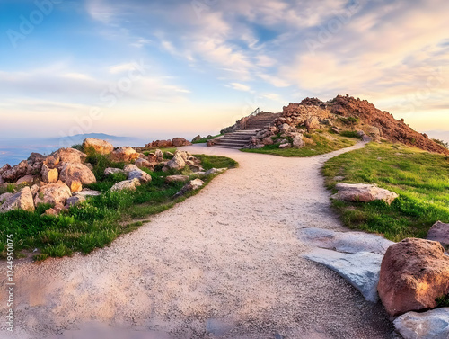 Rocky path leads to a hillt...