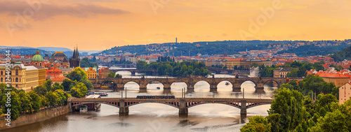 Obraz na płótnie Summer cityscape, panorama, banner - top view of the historical center of Prague and the Vltava river with bridges, Czech Republic w salonie