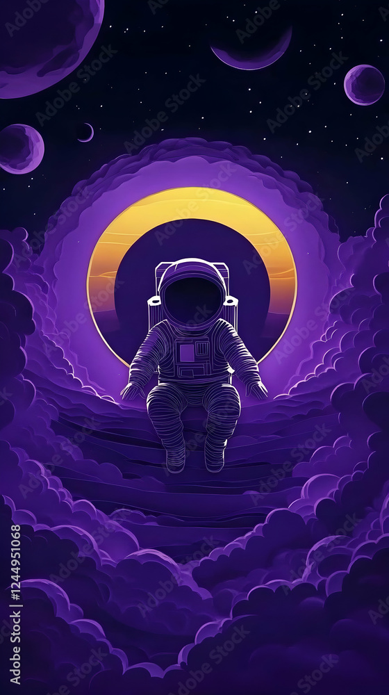 Obraz premium Astronaut Sits Above Purple Clouds, Facing a Glowing Ring in Space with Planets.