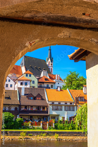 Summer cityscape - view of the Vltava river embankment in the historical center of Cesky Krumlov, Czech Republic