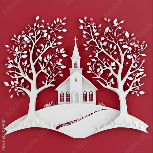 White Paper Cut Church, Tre...