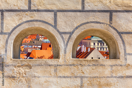 Obraz na płótnie Summer cityscape - top view through the loopholes of the Cesky Krumlov Castle to the historical center of Cesky Krumlov, Czech Republic w salonie