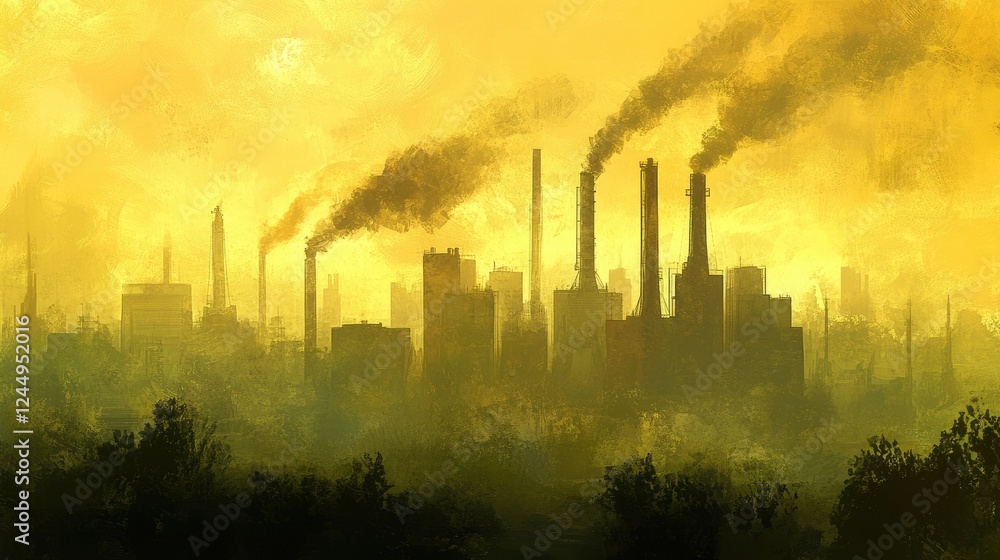 Obraz premium A dense fog of industrial pollution covering a factory skyline, smokestacks emitting toxins.