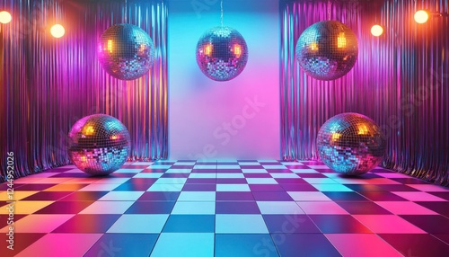 Retro-themed backdrop for a 90s theme party, featuring typical elements and colors of the era, perfect for nostalgic celebrations and disco events.