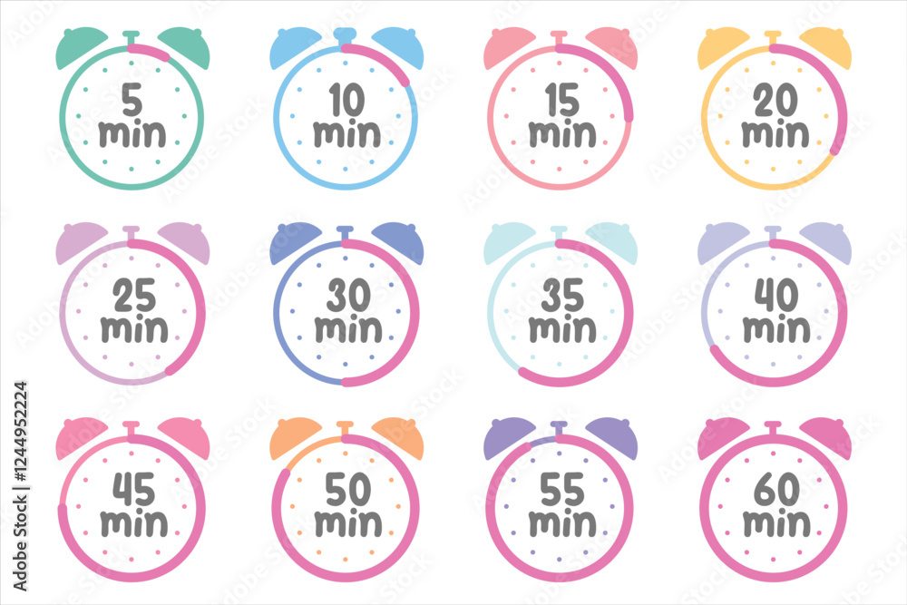 Set of timers. Timer, clock, stopwatch. Countdown timer symbol icon set. Label cooking time. Set of timers. Timer, clock, stopwatch. Countdown timer symbol icon set. Label cooking time.