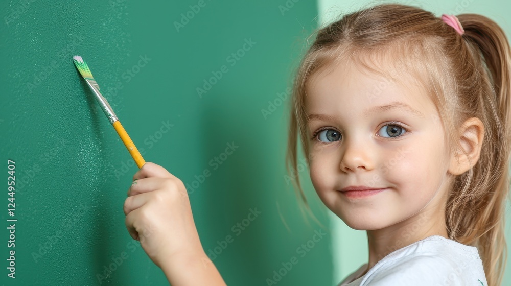 Happy Child Painting Green Wall with Brush Happy Child Painting Green Wall with Brush