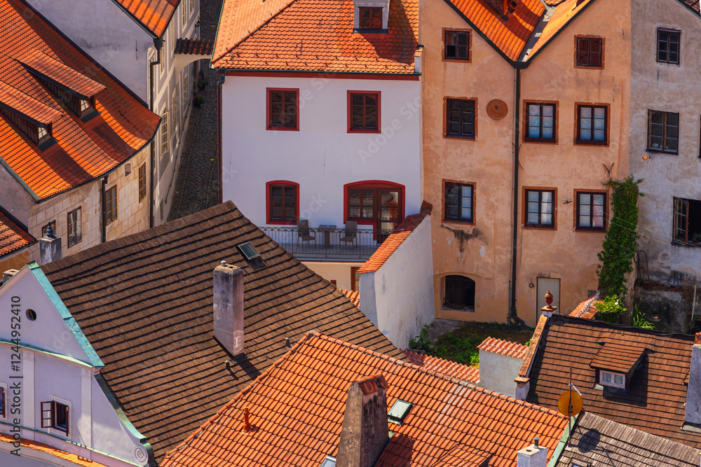Summer cityscape - top view of the houses and streets in the historical center of Cesky Krumlov, Czech Republic