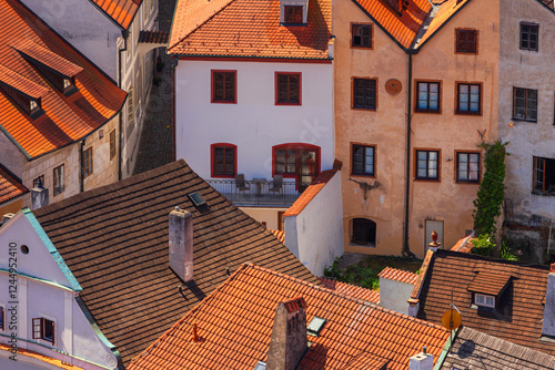 Obraz na płótnie Summer cityscape - top view of the houses and streets in the historical center of Cesky Krumlov, Czech Republic w salonie