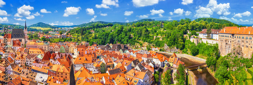 Obraz na płótnie Summer cityscape, panorama, banner - top view of the Old Town of Cesky Krumlov and the Vltava river, Czech Republic w salonie