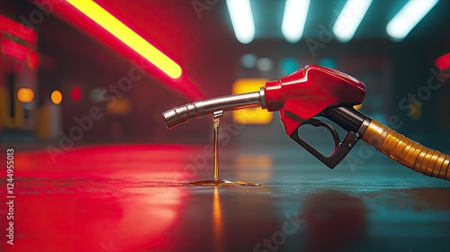 A gas pump nozzle dripping oil onto the ground, showing fossil fuel dependence.