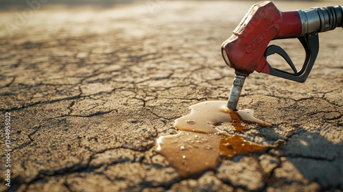 A gas pump nozzle dripping oil onto the ground, showing fossil fuel dependence.