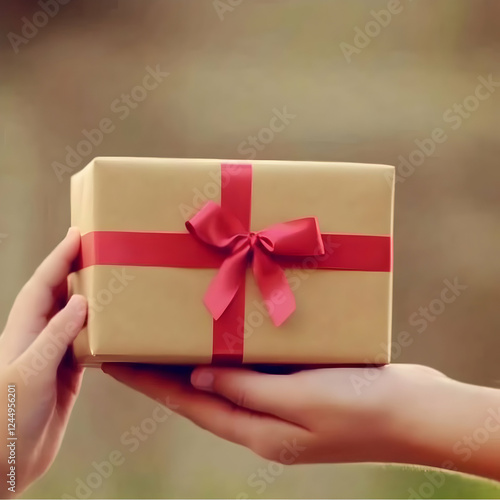 Hands give a gift box wrapp...