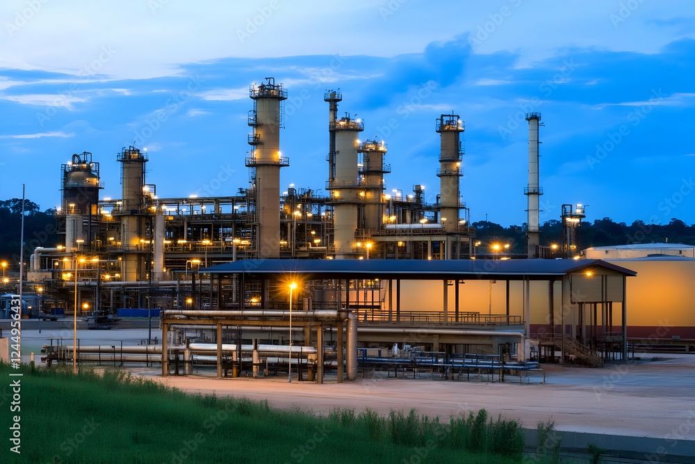 Industrial Plant Illuminates the Twilight Sky with Operational Brilliance and Efficiency at Dusk. Industrial Plant Illuminates the Twilight Sky with Operational Brilliance and Efficiency at Dusk.