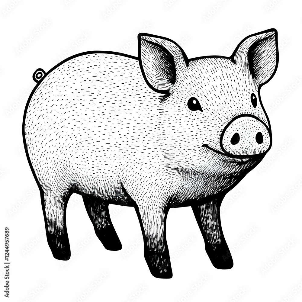 Fototapeta premium Detailed Ink Drawing of a Pig Standing Contentedly on White Background