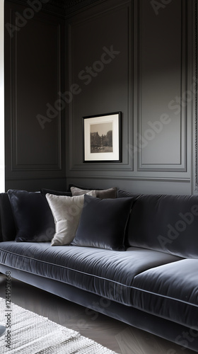 A modern living room featuring a sleek black velvet sofa adorned with soft pillows, elegant wall paneling, and a delicate artwork that enhances the contemporary atmosphere. photo