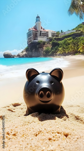Black Piggy Bank Sits on a ...