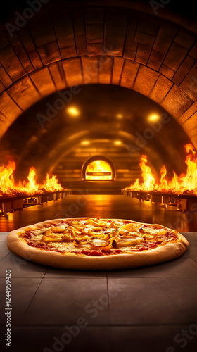Delicious Pizza Rests Before a Traditional Brick Oven in a Restaurant Kitchen Setting.