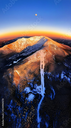 Snow-capped mountains bask ...