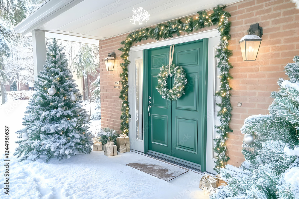 Fototapeta premium Decorated Front Door with Snowy Christmas Trees, Wreath, Garland and Gifts Beautifully Welcomes Guests During Winter Holiday Season.